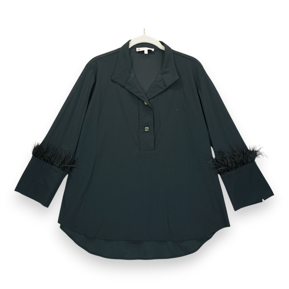 Jude Connally Belinda Top Shirt Black with Feather Cuff Sleeves Size‎ Medium